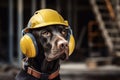 A labrador dog wearing a helmet and protective headphones on a construction site Royalty Free Stock Photo