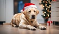 Labrador dog wearing a Santa Claus hat at home. New Year card Royalty Free Stock Photo