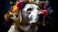 White Labrador dog wearing a crown of big colourful flowers. Labrador in a wreath of bright flowers.