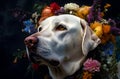 White Labrador dog wearing a crown of big colourful flowers. Labrador in a wreath of bright flowers.