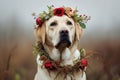 Labrador with Festive Floral Crown Outdoors