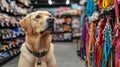 A Labrador next to a rack of dog leashes and collars in a pet store Royalty Free Stock Photo