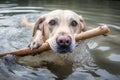 Labrador pet playing with wooden stick in river. Generate ai Royalty Free Stock Photo