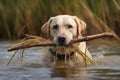 Labrador playing with wooden stick in water. Generate ai Royalty Free Stock Photo