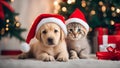 Labrador puppy and gray kitten in a Santa Claus hat in home background, bokeh, confetti. New Year card Royalty Free Stock Photo