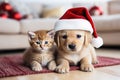 Labrador puppy in a Santa Claus hat and a red kitten lying on a rug at home, Christmas Royalty Free Stock Photo