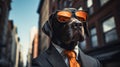 A labrador retriever, canine, wearing a suit & sunglasses on a city street.