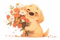 Labrador Retriever, cute cartoon character with bouquet, single object, Di-Cut png style, isolated on white background