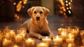 Labrador retriever dog with burning candles at christmas time. Generative AI