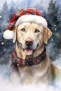 Labrador Retriever dog in christmas santa claus hat watercolor art. Christmas German Shepherd dog illustration.