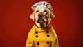 Labrador Retriever Dog Dressed As A Chef On Dark Yellow Colour Background