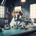 labrador Retriever dog with glasses in uniform scientist researcher in chemical laboratory Funny education and study