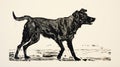 Monumental Black And White Dog Illustration In Woodcut Style