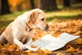 Labrador retriever dog lying in autumn leaves reading a newspaper. Generative AI Royalty Free Stock Photo