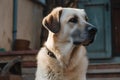 Labrador retriever dog portrait on a background of the old house. AI Generated Royalty Free Stock Photo