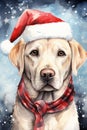 Labrador Retriever dog in christmas santa claus hat watercolor art. Christmas Labrador Retriever dog illustration.