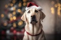 Labrador retriever dog in santa hat on christmas background Royalty Free Stock Photo