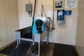 Labrador Retriever dog in a self-serve dog wash groomer, getting a bath with a towl on his back