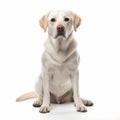 Labrador Retriever dog sitting on a white background with a pink nose and dark eyes