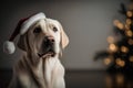 Labrador retriever dog wearing santa hat on christmas background Royalty Free Stock Photo