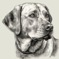 Labrador Retriever, engraving style, close-up portrait, black and white drawing, cute hunting dog,