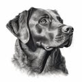 Labrador Retriever, engraving style, close-up portrait, black and white drawing, cute hunting dog,