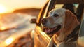 Labrador Retriever Enjoying a Sunset Car Ride ,Happy Travel Concept Royalty Free Stock Photo