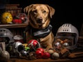 Labrador retriever firefighter with toy fire items