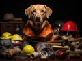Labrador retriever firefighter with toy fire items