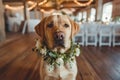 Labrador Retriever with Floral Wreath at Event Royalty Free Stock Photo