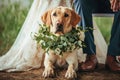 Labrador retriever with a flower garland at a wedding Royalty Free Stock Photo