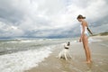 Labrador retriever playing on the beach.