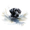 Labrador retriever puppy swimming in water. Digital art painting.