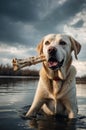 Golden Labrador Retriever in Water with Bone Royalty Free Stock Photo