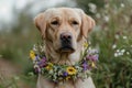 Labrador retriever wearing flower wreath Royalty Free Stock Photo