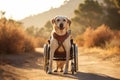 Labrador retriever in a wheelchair on a sunny trail. Concept of pet mobility, canine assistance devices, outdoor Royalty Free Stock Photo