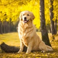 Labrador retriver dog sitting close to a tree trunk in a autumn afternoon in a park