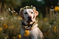 Labrador sitting with a wreath of flowers in field