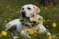 Labrador sitting with a wreath of flowers in field