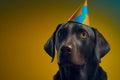 Labrador wearing birthday hat on his head on yellow background.