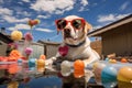 a labrador wearing mirrored sunglasses, beside a pool with floating toys