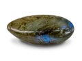 Labradorite gemstone with iridescent blue-green surface, isolated on white background. Rounded smooth surface. Royalty Free Stock Photo