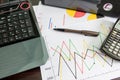 Labtop , financial charts , Calculator , Document file , pen on Royalty Free Stock Photo