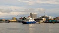 Labuan,Malaysia-Aug 27,2020:Coastal view of Labuan island with ro ro ferry,port & builldings in Labuan,Malaysia. Labuan town is th