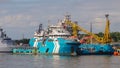 Labuan,Malaysia-Aug 27,2020:View of offshore vessels in Labuan,Malaysia. Its specially designed ships for transporting goods & per Royalty Free Stock Photo