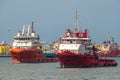 Labuan,Malaysia-Feb 11,2020:View of offshore vessels in Labuan,Malaysia.Its specially designed ships for transporting goods & pers Royalty Free Stock Photo