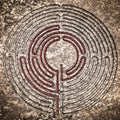 Labyrinth carved on stone - solution concept with path showing labyrinths end