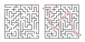 Labyrinth game way. Square maze, simple logic game with labyrinths way. How to find out quiz, finding exit path rebus or Royalty Free Stock Photo
