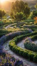 Labyrinth garden at sunrise, montage of dewy flowers and winding paths, soft light, vibrant colors, eye-level view, detailed