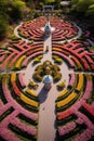 Labyrinth garden with vibrant flowerbeds and central fountain Royalty Free Stock Photo